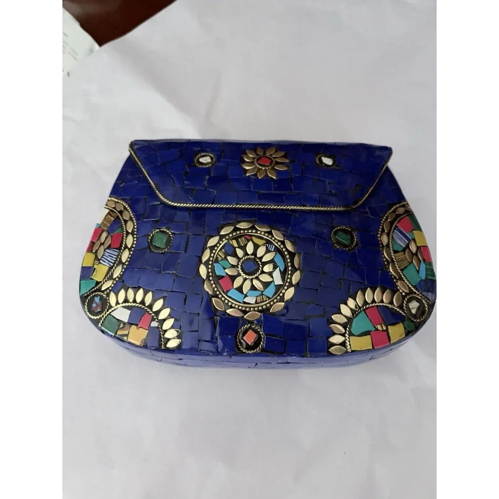 Ramla Stunning Blue Mosaic Clutch Crossbody Bag With Gold Chain B12 - Picture 4 of 9